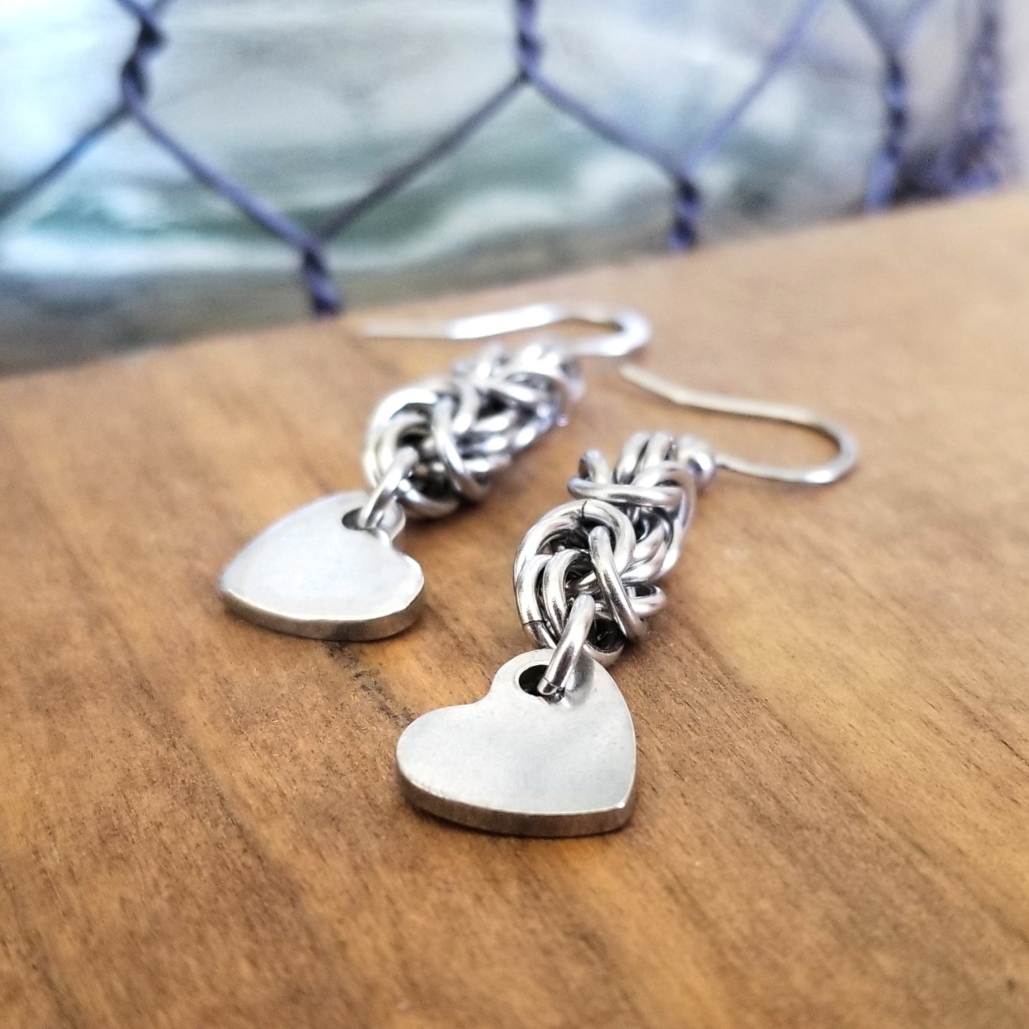 Stainless Steel Byzantine Heart Charm Earrings