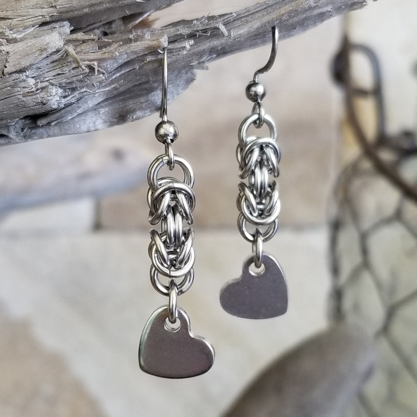 Stainless Steel Byzantine Heart Charm Earrings