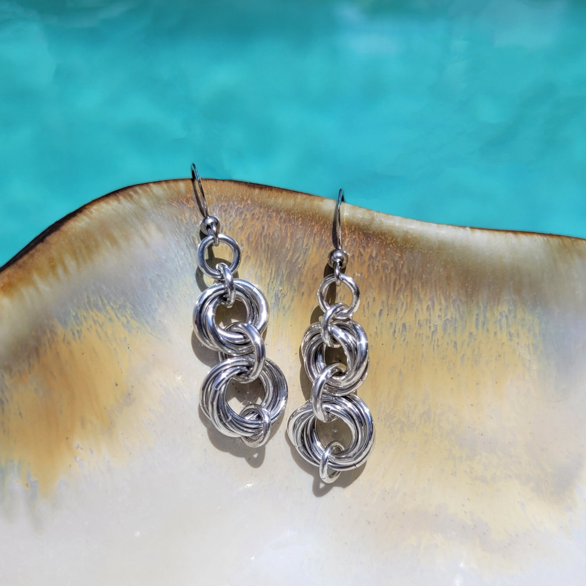 Summertime Essentials double love knot lightweight chainmaille aluminum dangle earrings on stainless steel french hook