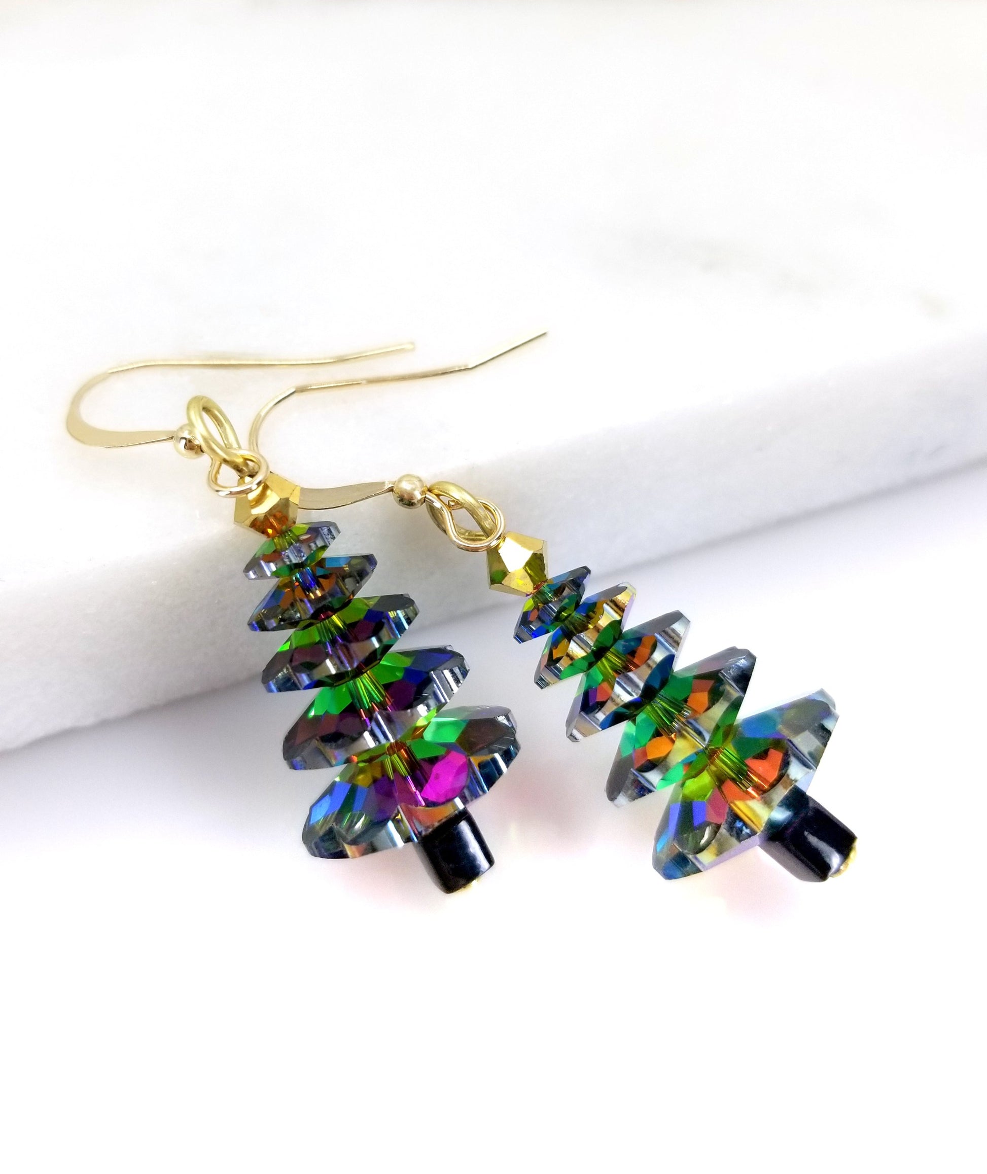 Large Green and Gold Christmas Tree Earrings