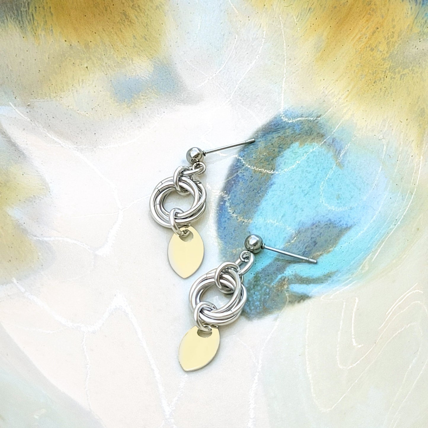 Golden baby scales and bright silver aluminum mobius love knot chainmail earrings with stainless steel ear post