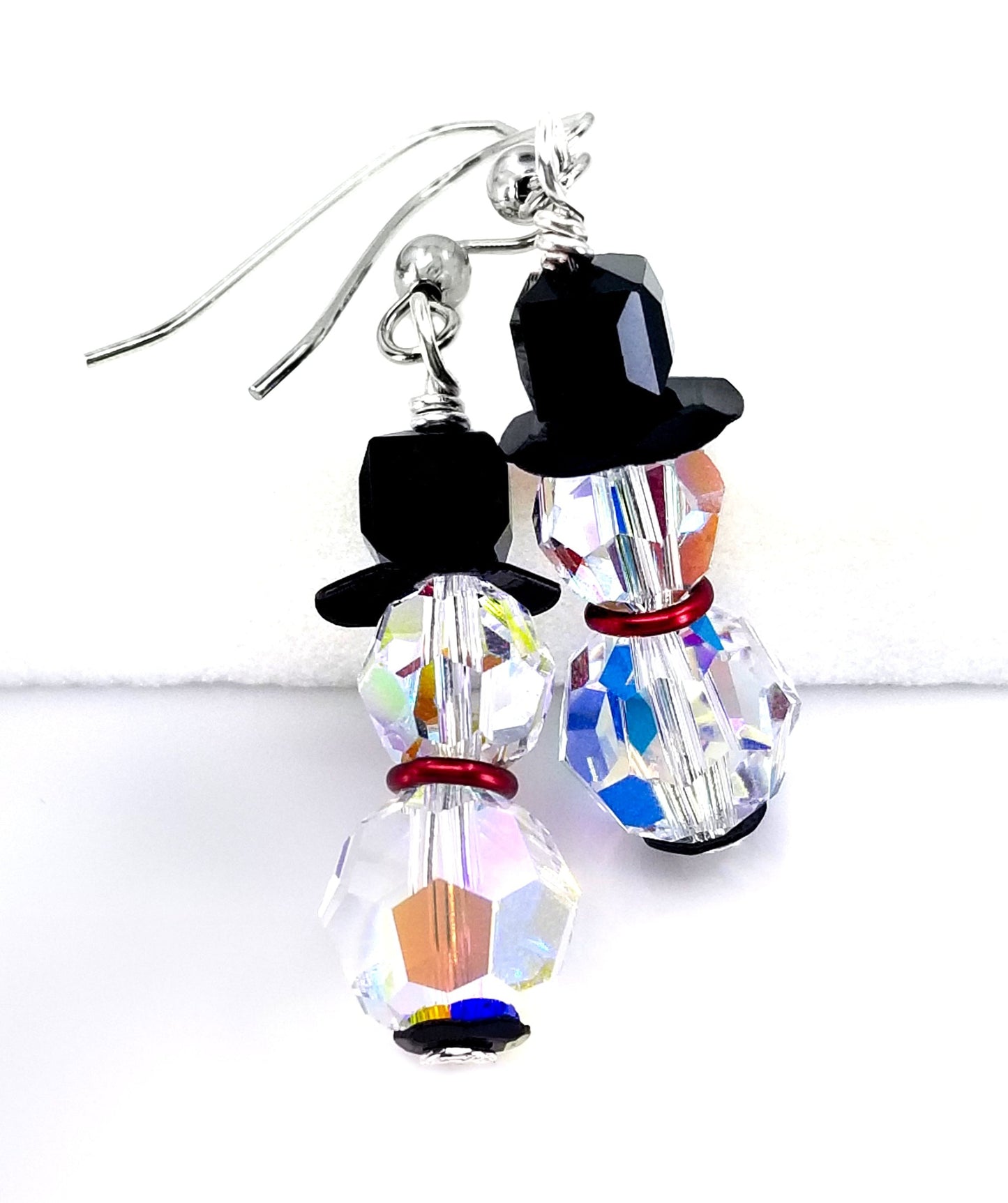 Large - Swarovski Crystal Aurora Borealis Snowman Earrings - Stainless Steel Fishhook Earwire