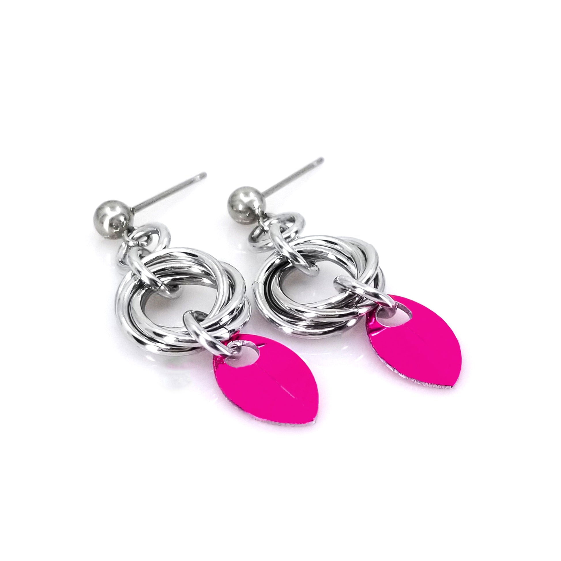 Pink baby scale love knot mobius weave chainmaille aluminum earrings on stainless steel ear post 