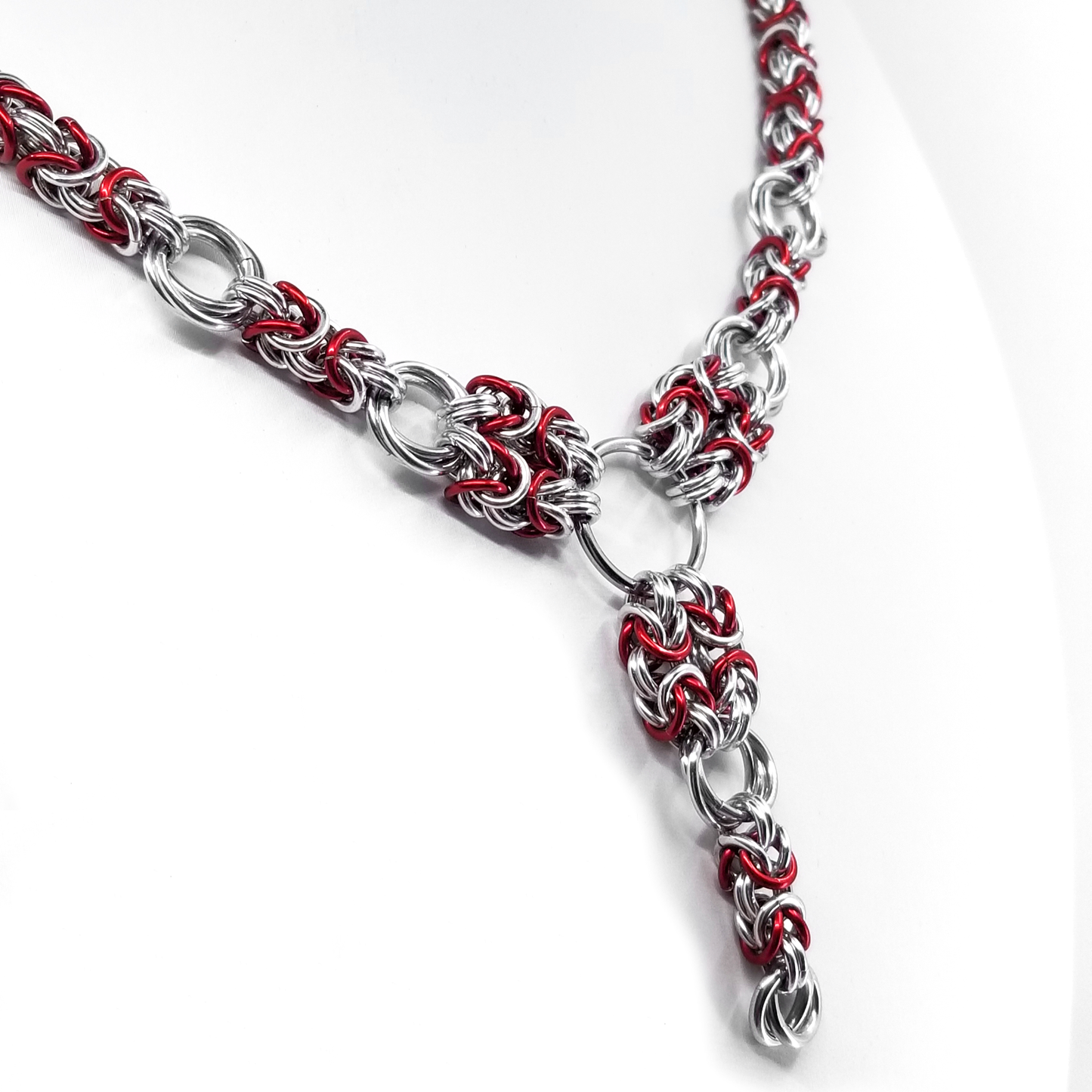 Red and Silver Byzantine and Mobius Ring Necklace