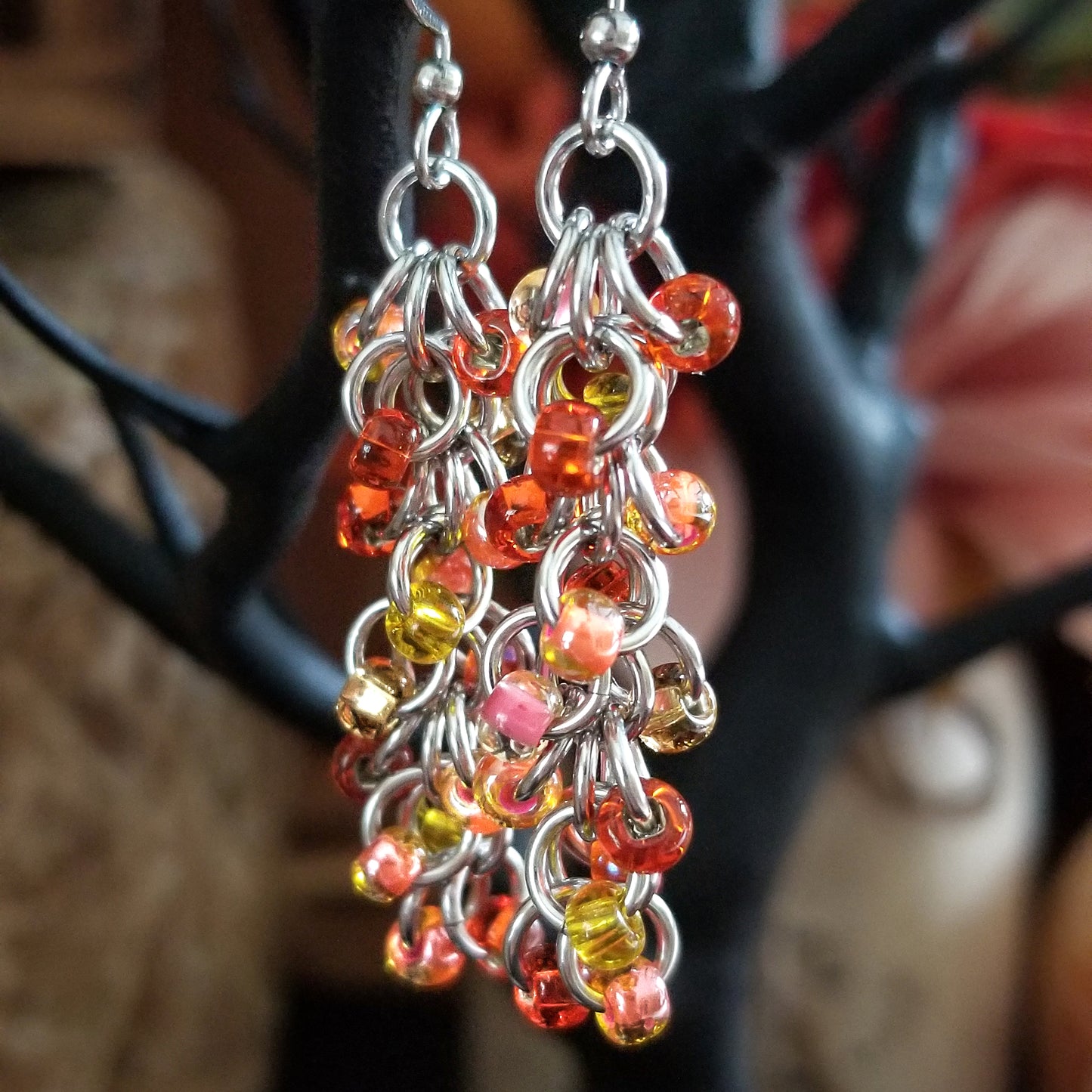 Shaggy Loop Earrings Beaded Orange Mix