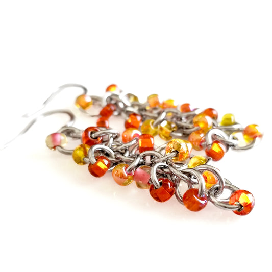 Shaggy Loop Earrings Beaded Orange Mix