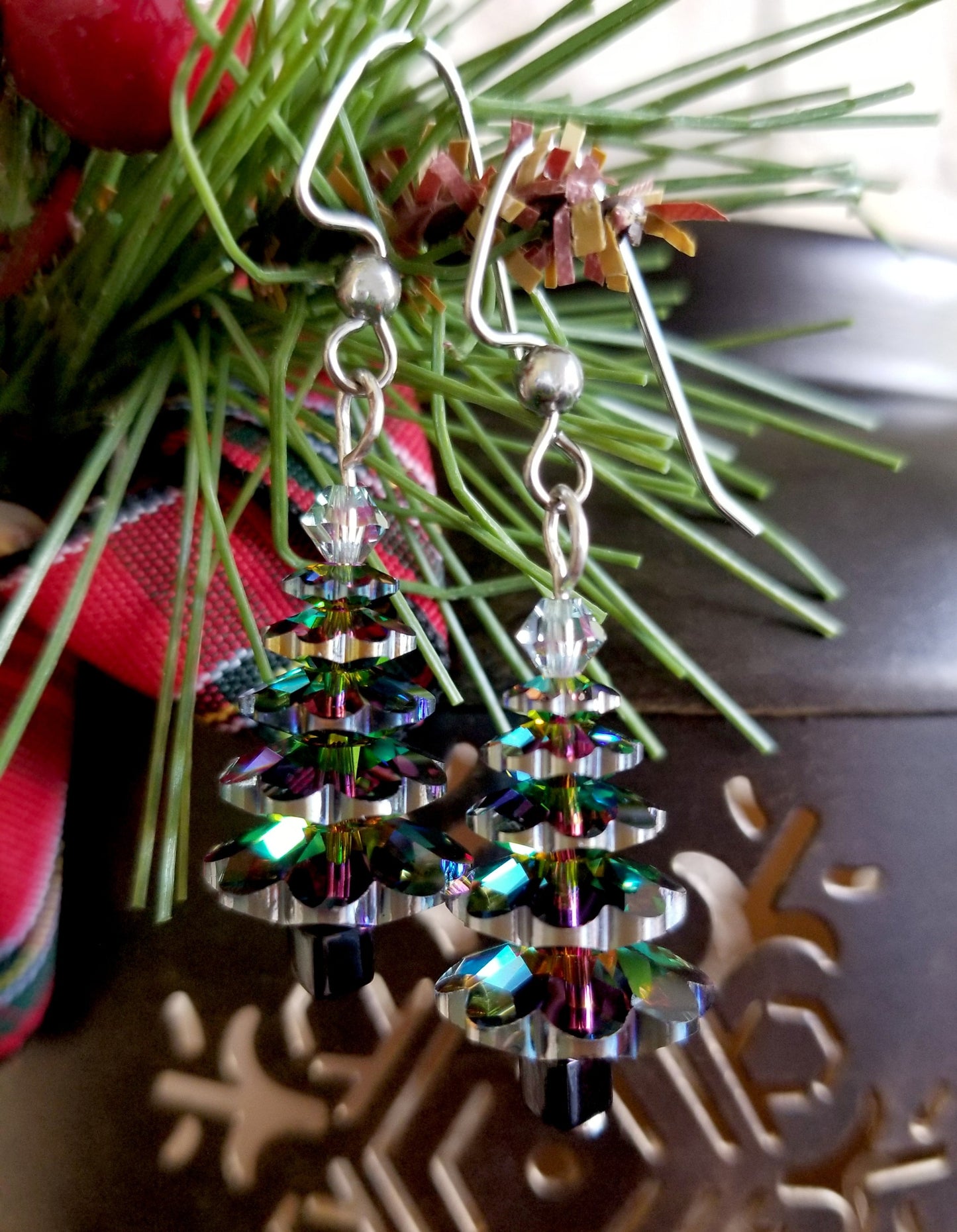 Stainless Steel and Crystal Christmas Earrings