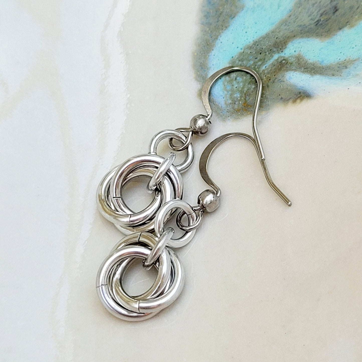 Summertime Essentials Love Knot lightweight chainmaille bright aluminum dangle earrings on stainless steel french hook