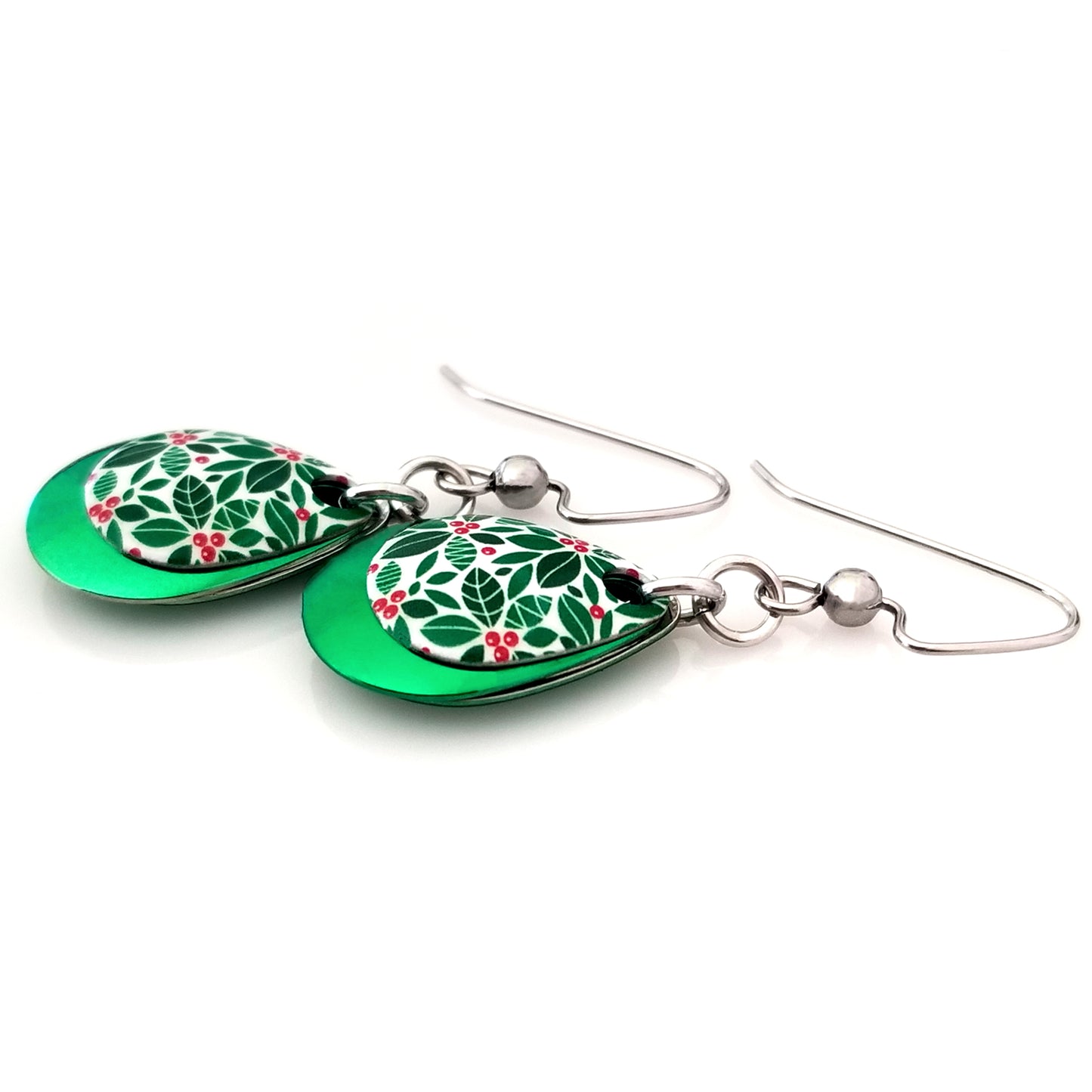 Green Christmas Holly Earrings